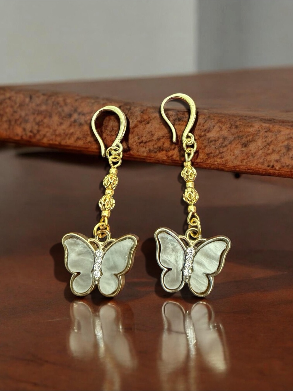Gold-Tone White Butterfly Drop Earrings - hand made